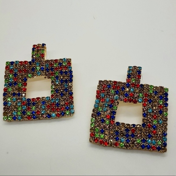 Multi-Color Geometric Diamond Studded Rhinestone Drop Earrings - Picture 4 of 7